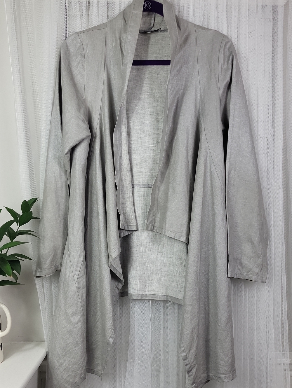 Bryn Walker Gray Silver Open-Front Draped Women's linen blend jacket. Size S